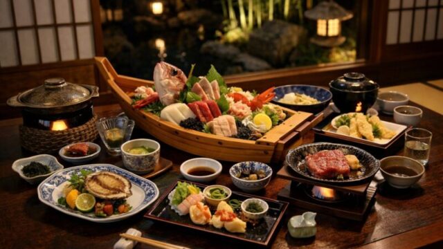 岩室温泉で料理が美味しい宿の舟盛りと会席料理の夕食イメージ