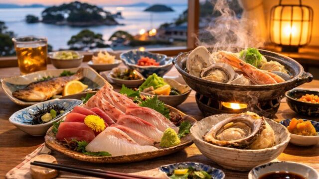 松島で料理が美味しい民宿の海鮮料理イメージ｜口コミ評価の高い宿の夕食例