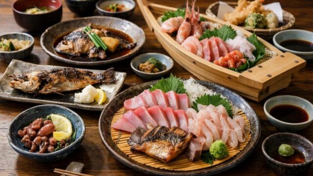 富山の民宿で楽しむ新鮮な海鮮料理の食卓。刺身や焼き魚、煮魚など富山湾の魚介を使った豪華な料理。