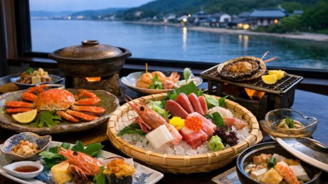 玉造温泉の宿で楽しむ新鮮な海鮮会席料理と旬の魚介、地元野菜