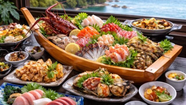 熱海の民宿で提供される豪華な舟盛りと海鮮料理が並ぶ夕食