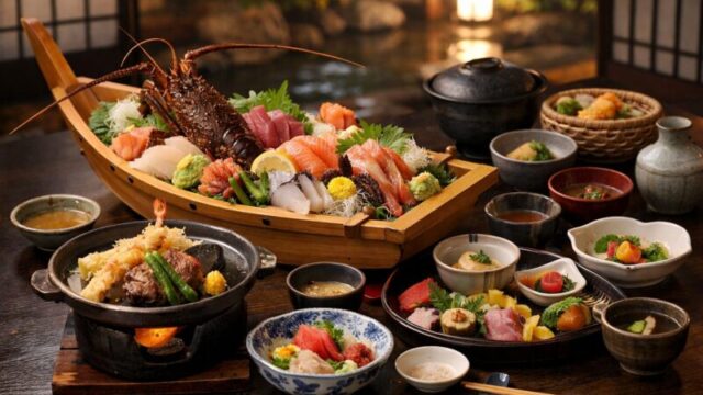 松本で料理が美味しい宿の夕食イメージ｜舟盛りや信州食材を使った会席料理が並ぶ和風旅館の食事風景