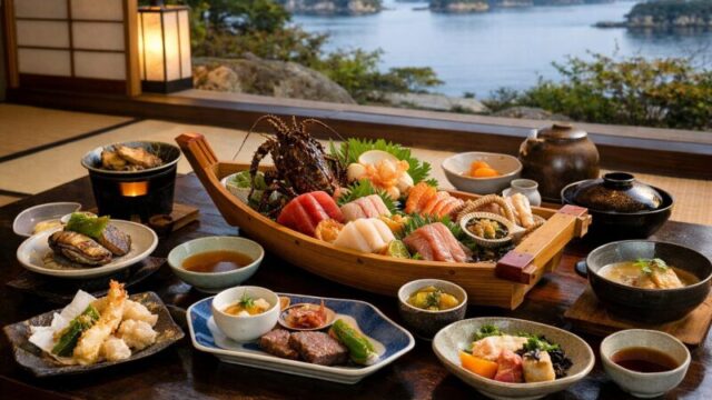 松島で料理が美味しい宿の夕食イメージ。舟盛りの刺身と和会席料理が並ぶ和風旅館の食事風景