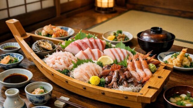 富山湾の新鮮な海の幸を使った舟盛りが並ぶ和風民宿の食卓。ブリや白えび、ホタルイカなどの海鮮料理を楽しめる雰囲気。