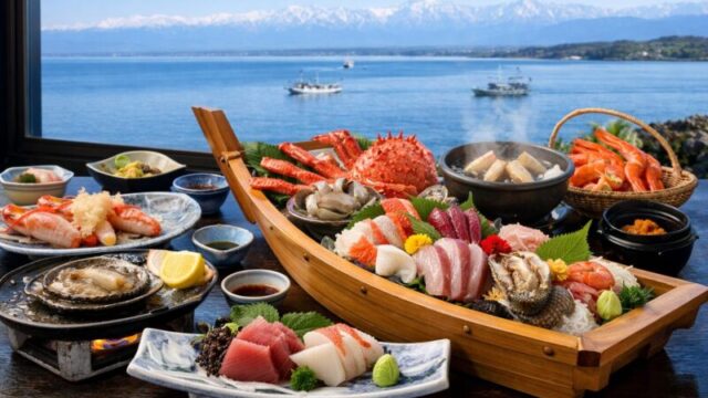 和倉温泉の宿で楽しめる豪華な海鮮料理。刺身、焼き魚、蟹、旬の魚介や地元野菜を使った盛り付けがテーブルに並び、窓越しに日本海と山の景色が広がる食事シーン。