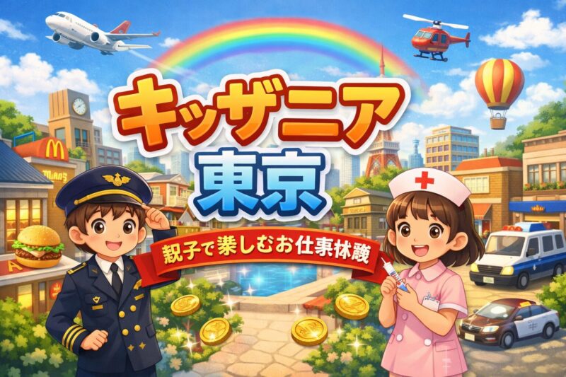 キッザニア東京を背景に、制服姿の男の子（パイロット）と女の子（ナース）が笑顔で立っているイラスト。背景には飛行機、ヘリコプター、熱気球、街並みが描かれ、虹が空にかかっている。タイトル「キッザニア東京 親子で楽しむお仕事体験」が読みやすいフォントで配置され、家族旅行の楽しさを表現。